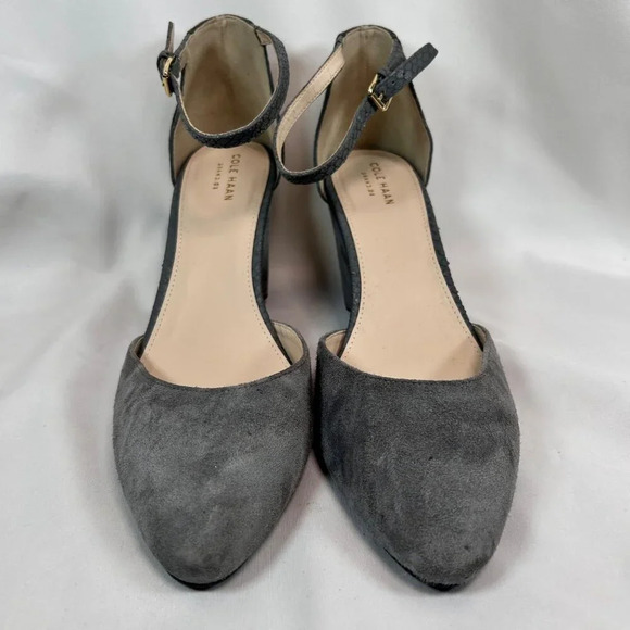 Cole Haan Grand OS Lara Size 9.5 Suede Wedge Heels Ankle Strap Snakeskin Gray - Picture 4 of 11